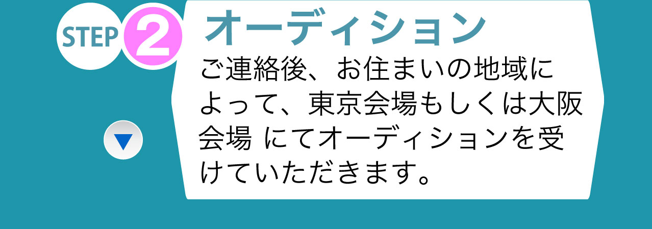 STEP2 オーディション ご連絡後、お住まいの地域によって、東京会場もしくは大阪会場 にてオーディションを受けていただきます。